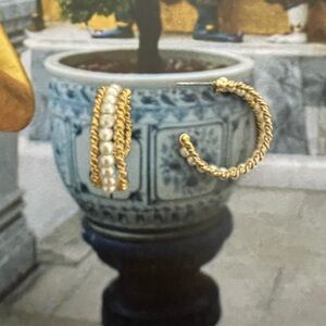 Classic Twisted Gold Tone Hoop Earrings Woven With Faux Pearls